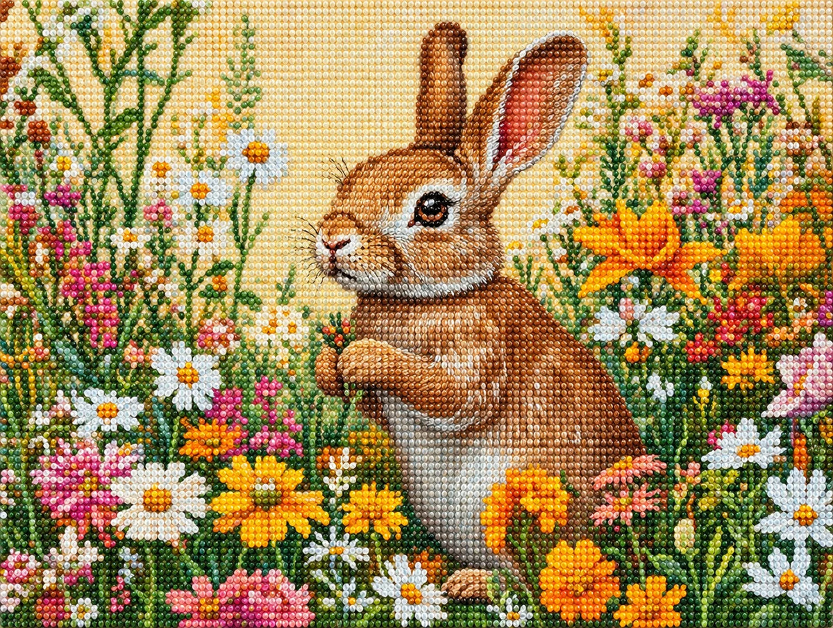 Light Brown Bunny Flowers Diamond Art Kit