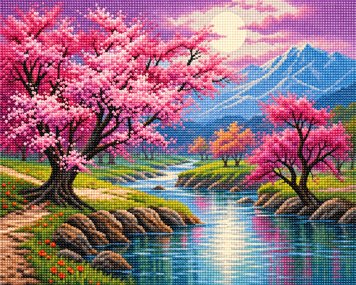 Mountain Stream Cherry Blossoms Diamond Art Kit