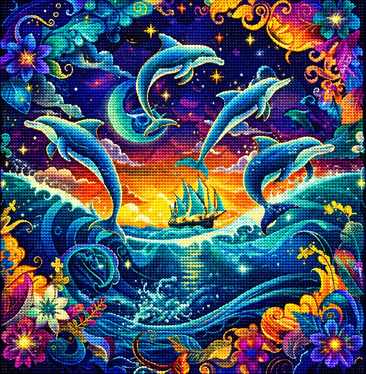 Dolphins And Flowers Diamond Art Kit