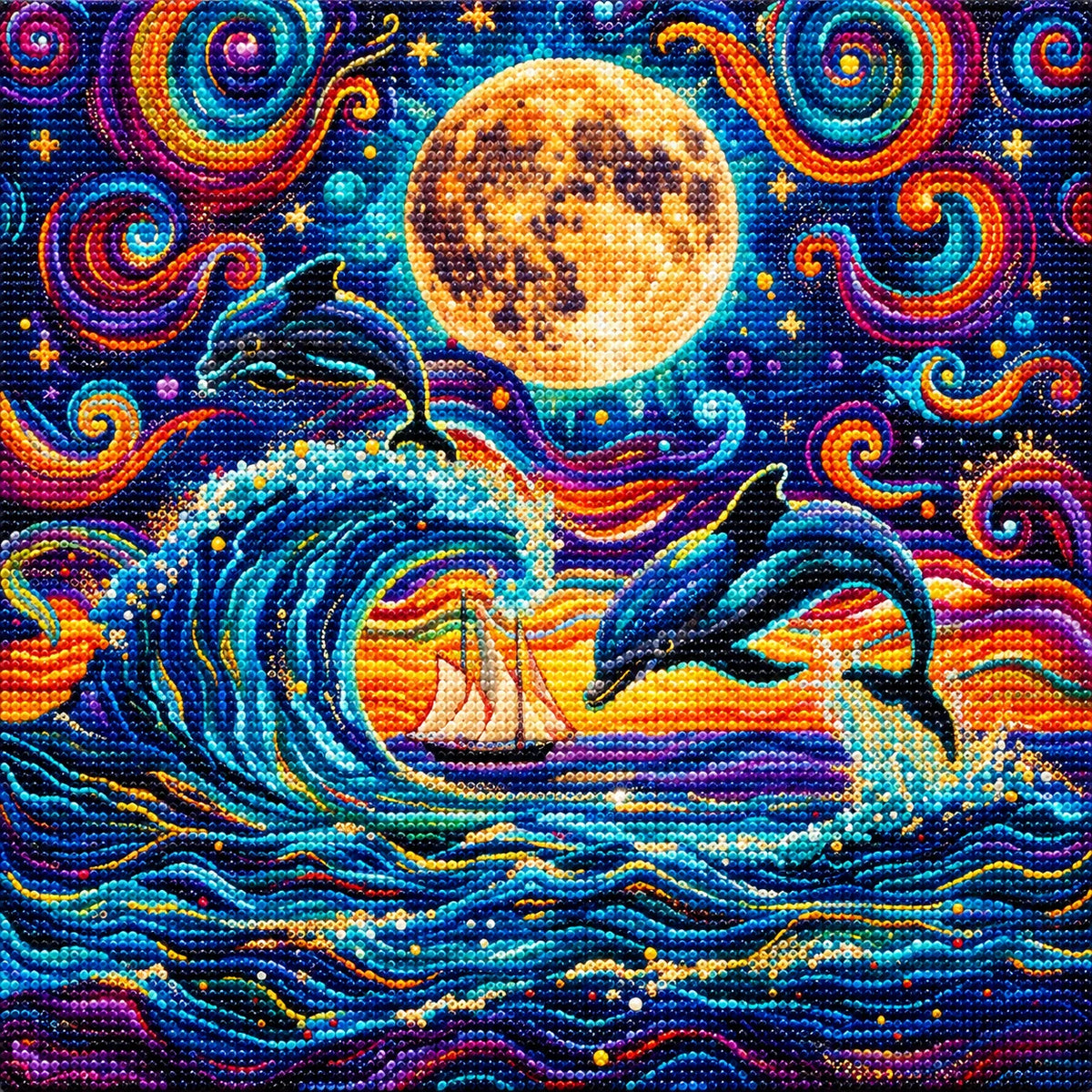 Abstract Swirl Dolphins And Moon Diamond Art Kit