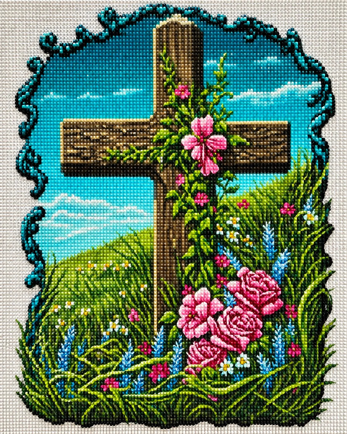 Pink Flower Cross Diamond Art Kit