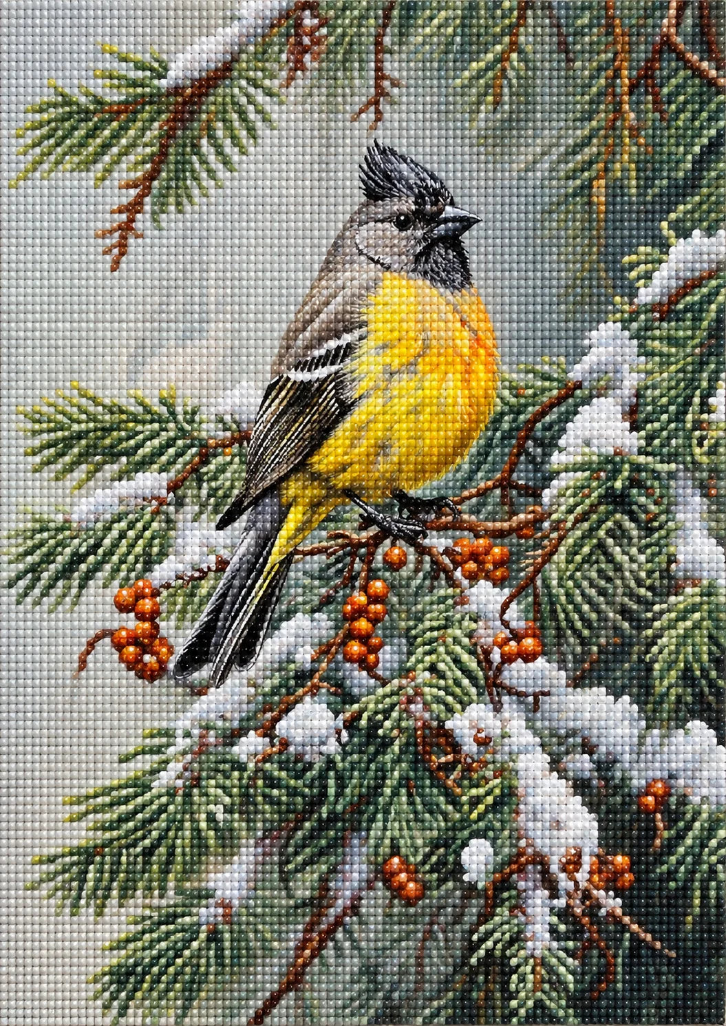 Yellow Breast Bird In A Pine Tree Diamond Art Kit