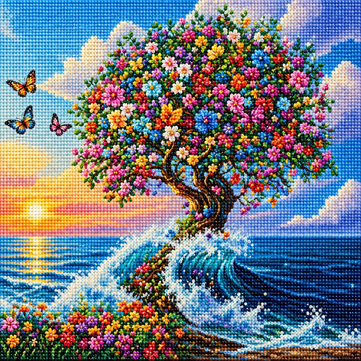 Colorful Flower Tree And Waves Diamond Art Kit