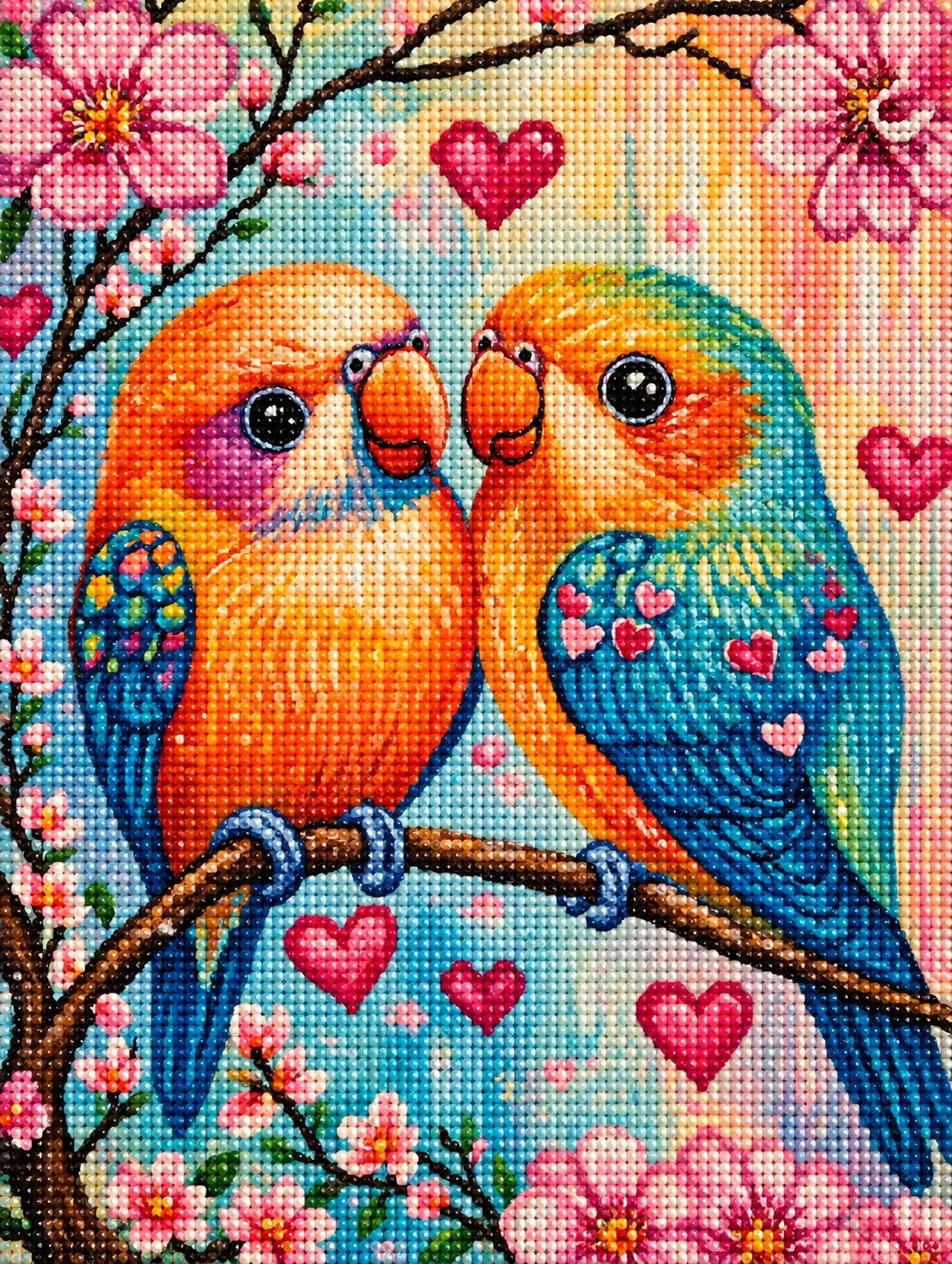 Pink Flower Birds And Hearts Diamond Art Kit