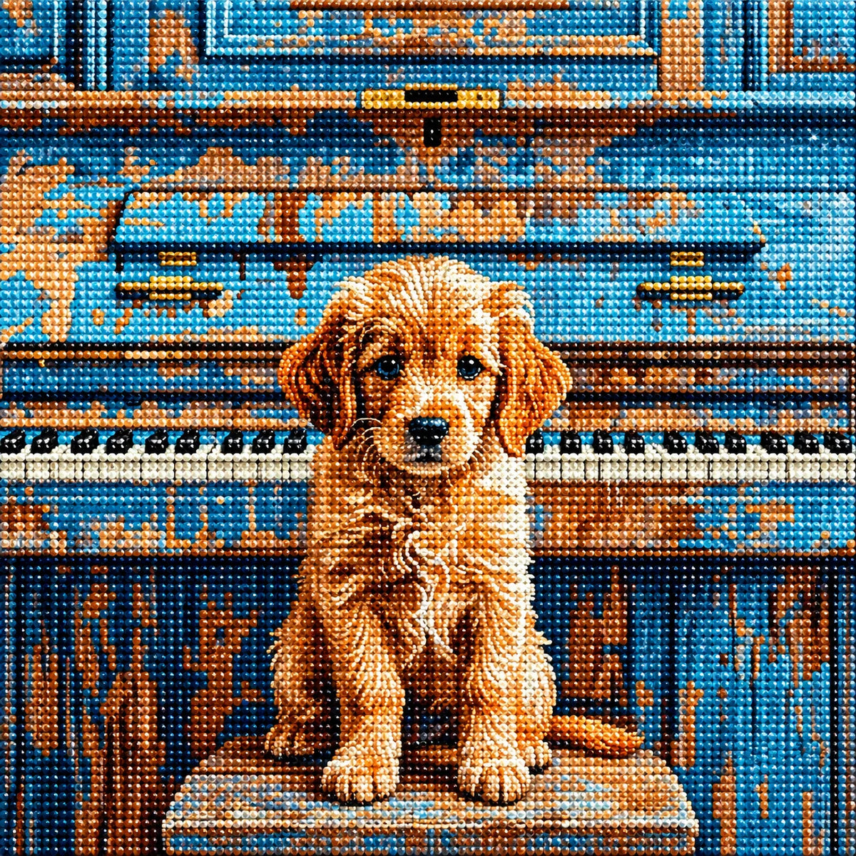 Puppy And Abstract Painted Piano Diamond Art Kit
