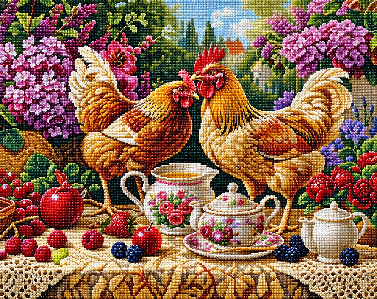 Tea And Fruit Roosters Diamond Art Kit