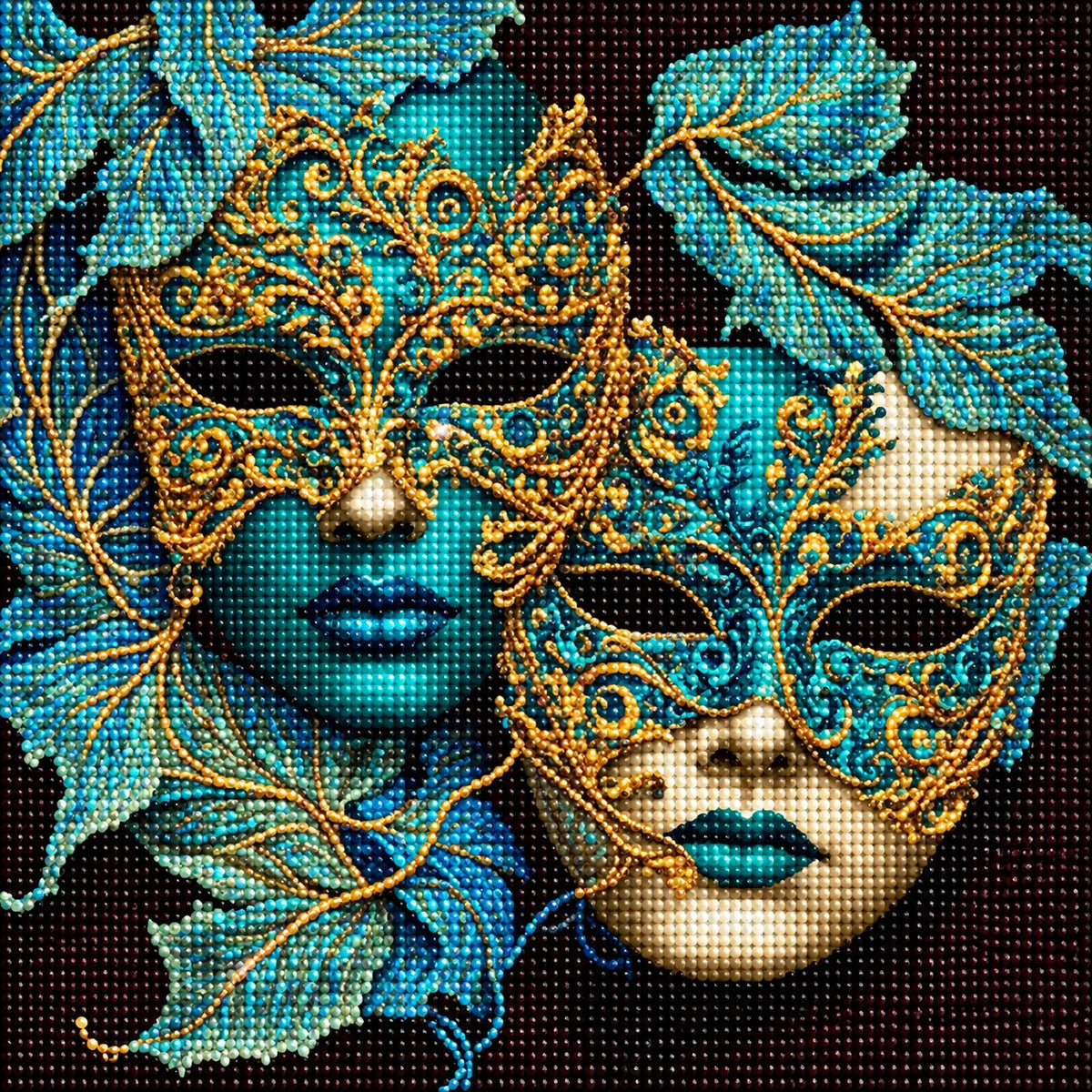 Two Teal And Gold Masks Diamond Art Kit