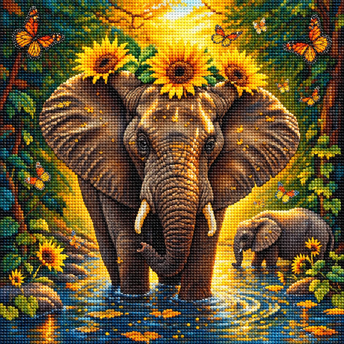 Peeking Light Elephant Flowers Diamond Art Kit