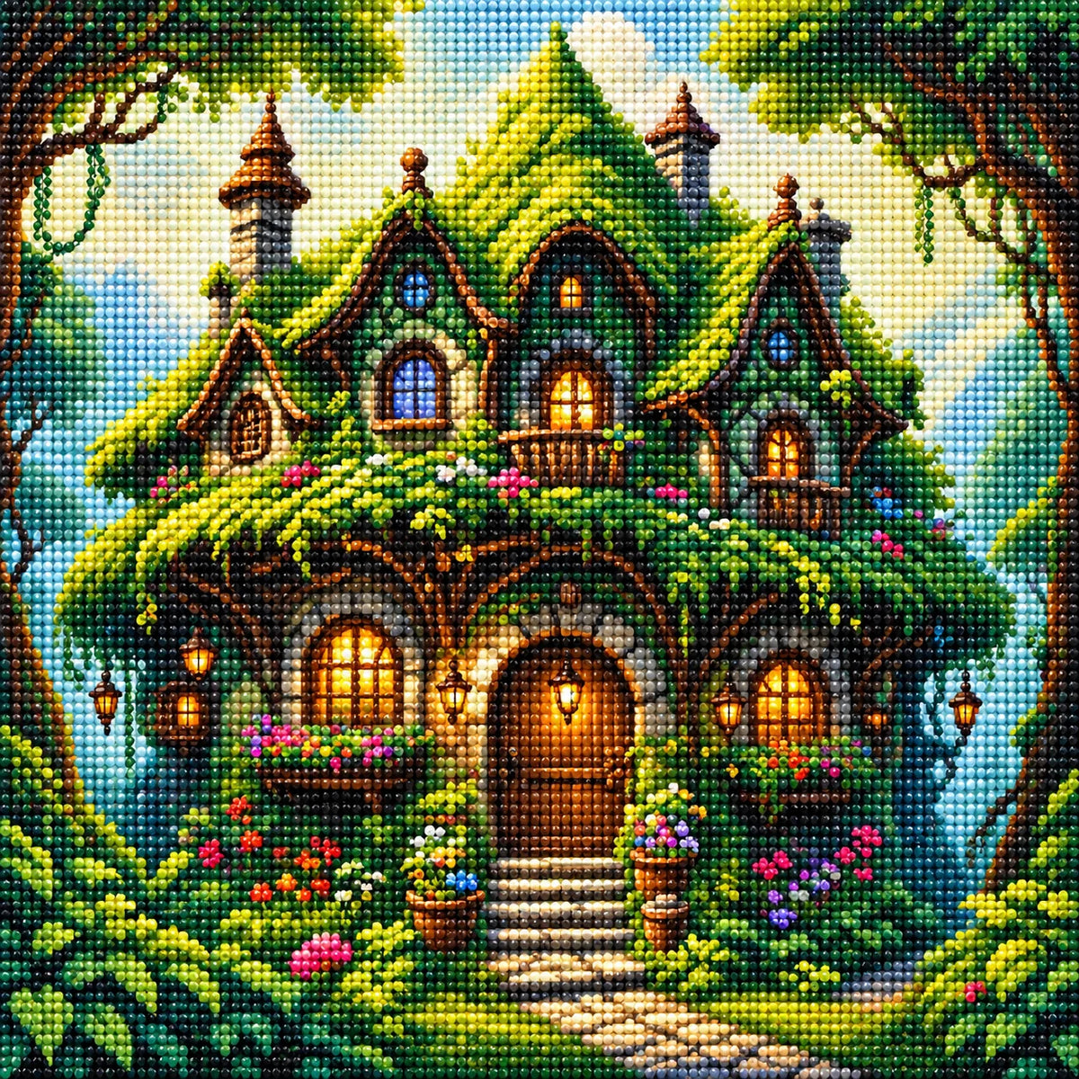 Green Mossy Cottage Diamond Art Kit