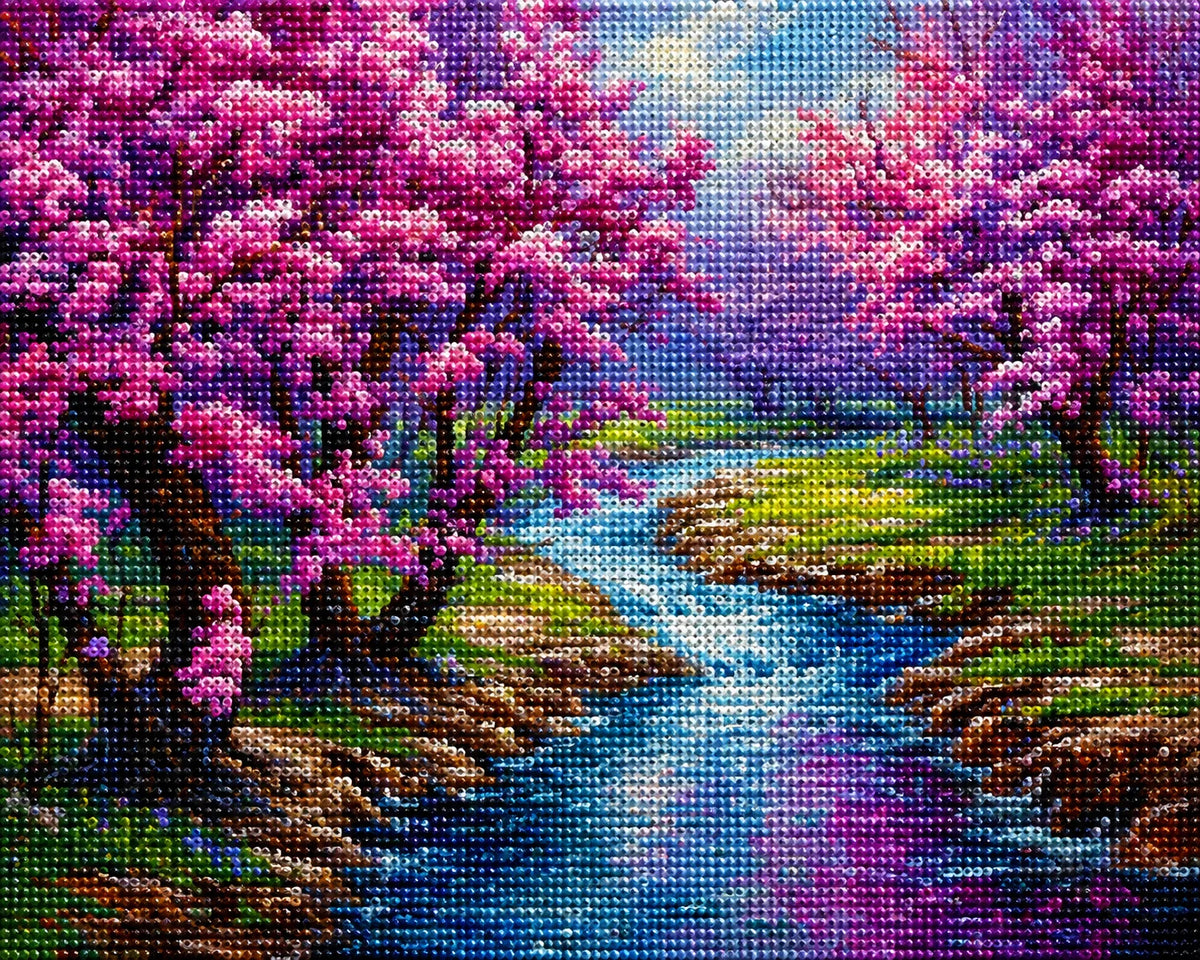 Flowing River Cherry Trees Diamond Art Kit