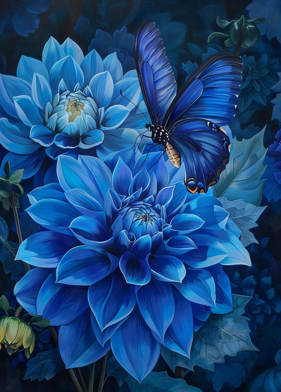 Dark Blue Butterfly And Flowers Diamond Art Kit