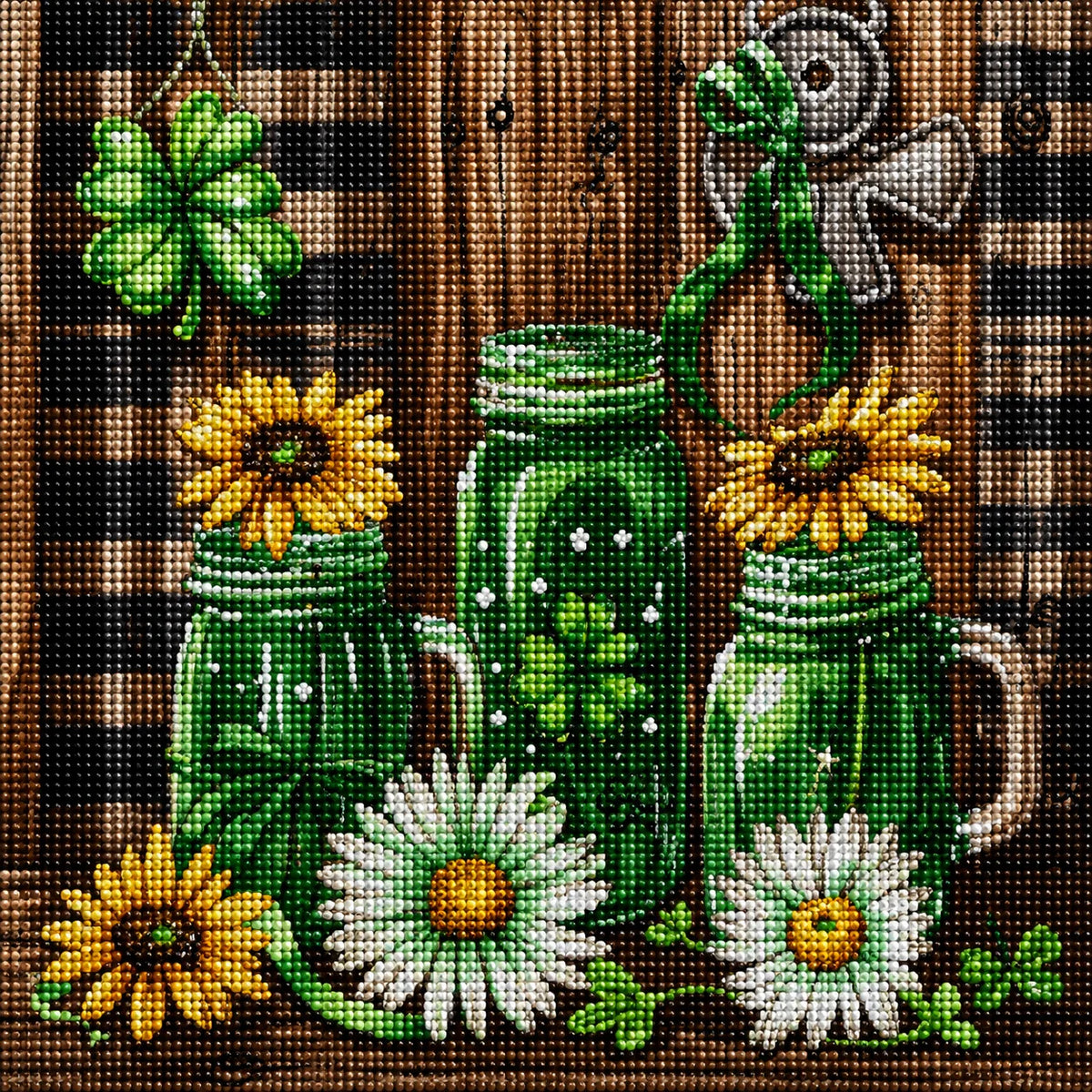 Green Jars And Flowers Diamond Art Kit