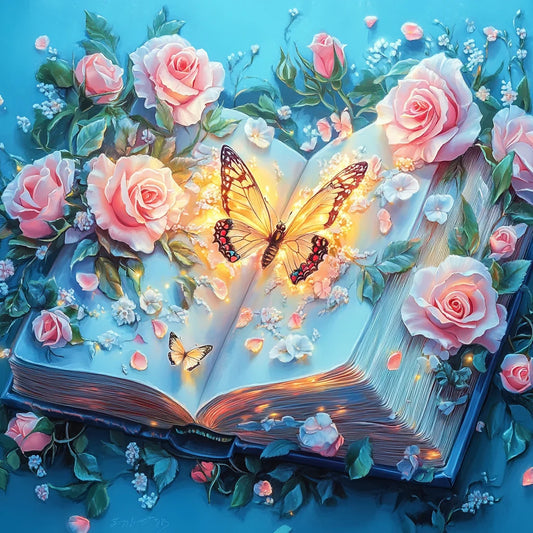Pink Roses Glowing Butterfly Diamond Art Kit