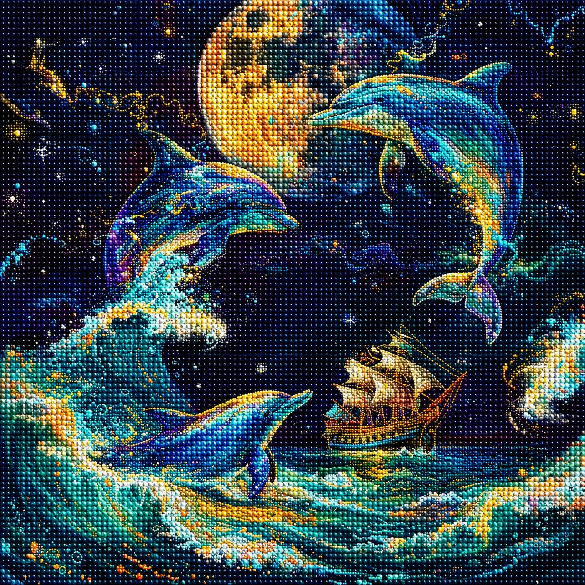 Dolphins Moon And Ship Diamond Art Kit
