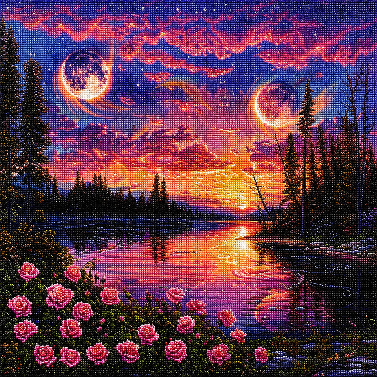 Double Moon Roses By The Lake Diamond Art Kit