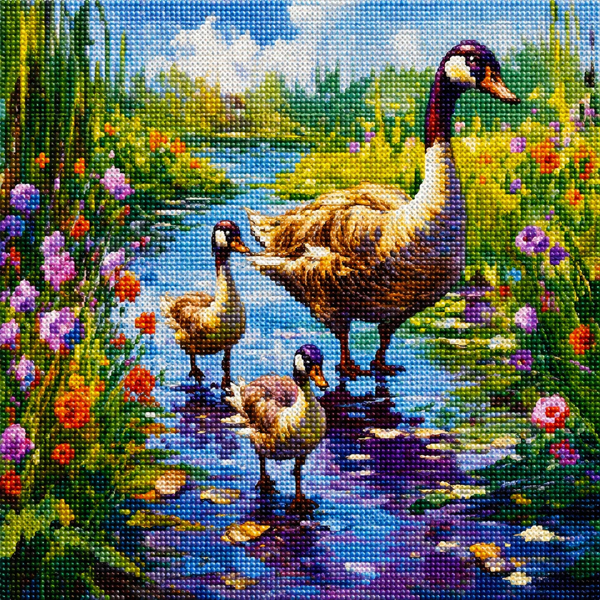 Goose And Goslings Flowers Path Diamond Art Kit