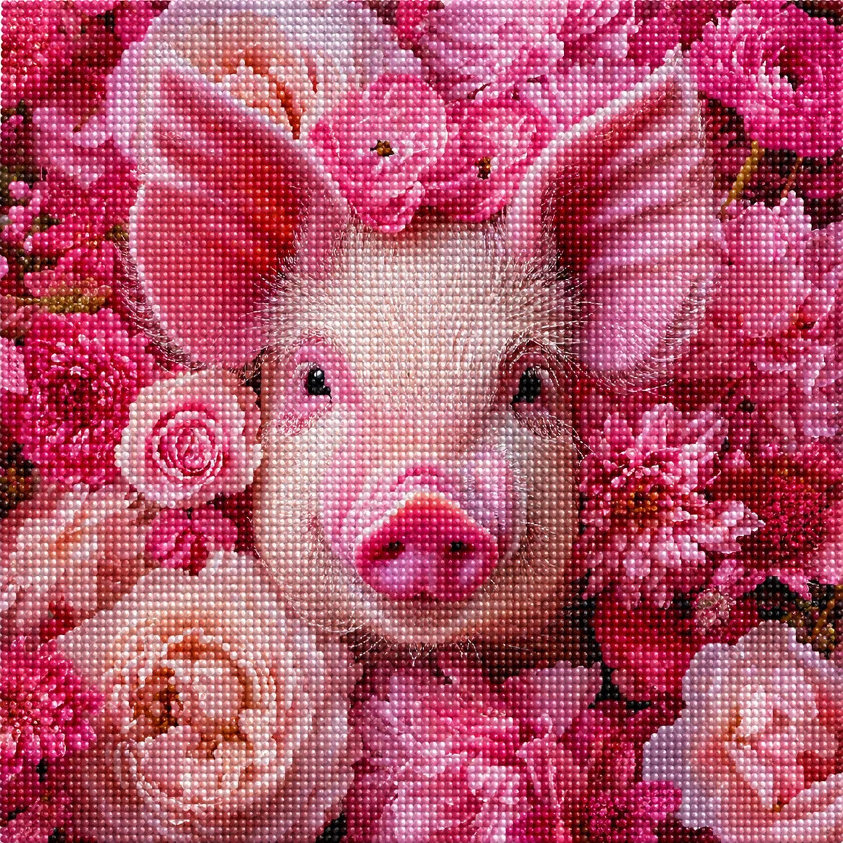 Pink Flowers And Pig Diamond Art Kit