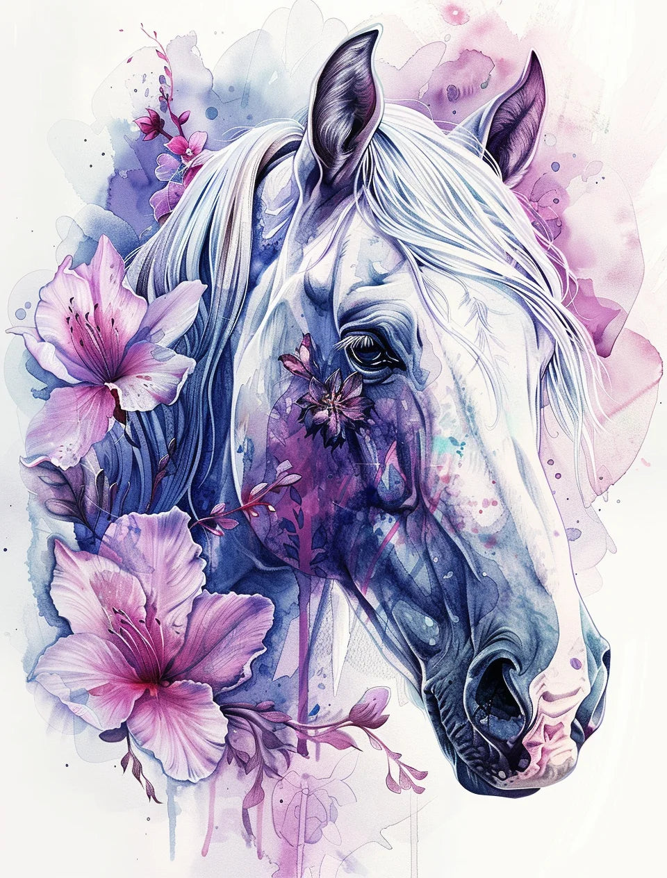 Pink Flower Watercolor Horse Diamond Art Kit