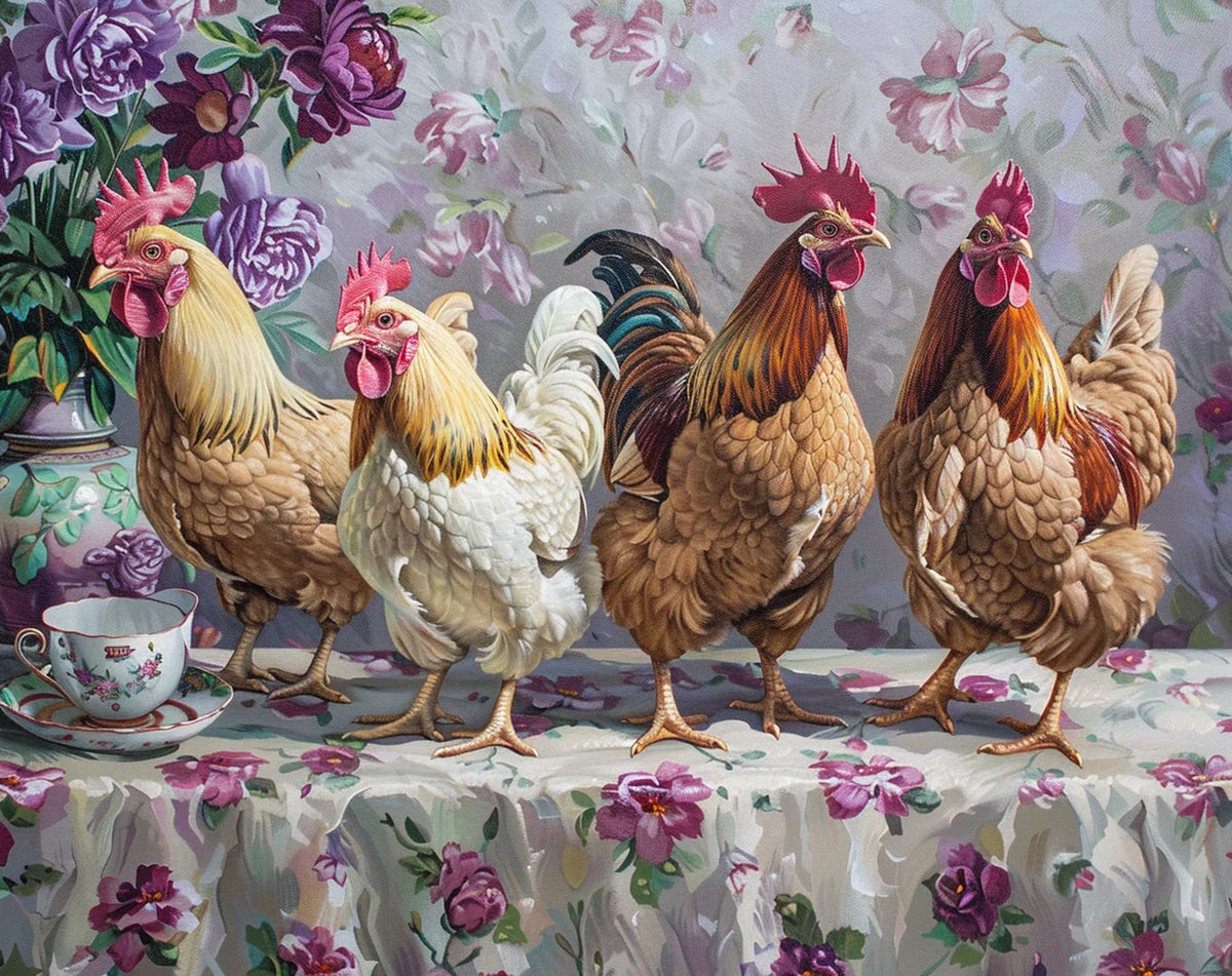 Four Roosters On A Table Diamond Art Kit