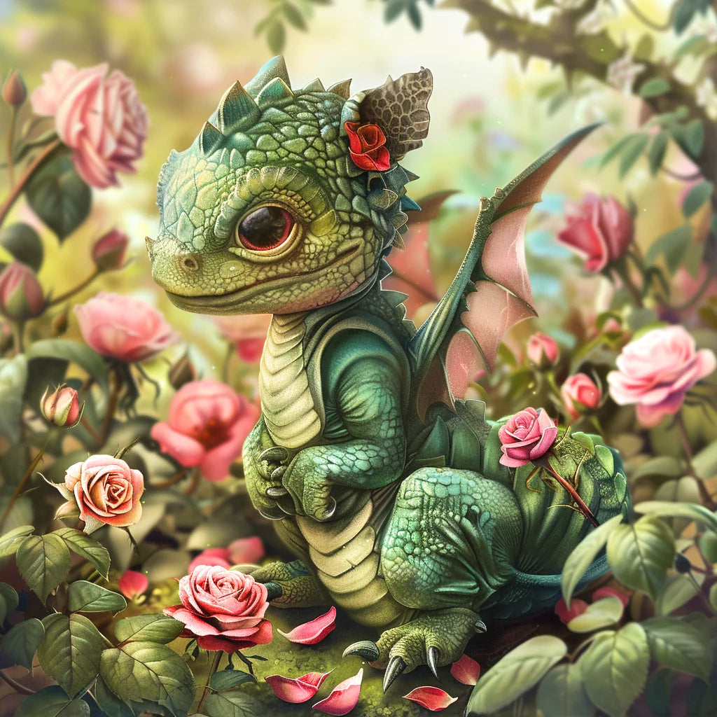 Green Baby Dragon Rose Garden Diamond Art Kit