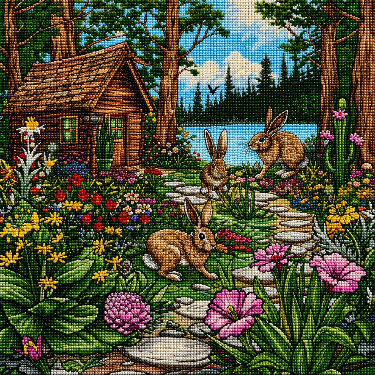 Rabbits By The Cabin Diamond Art Kit