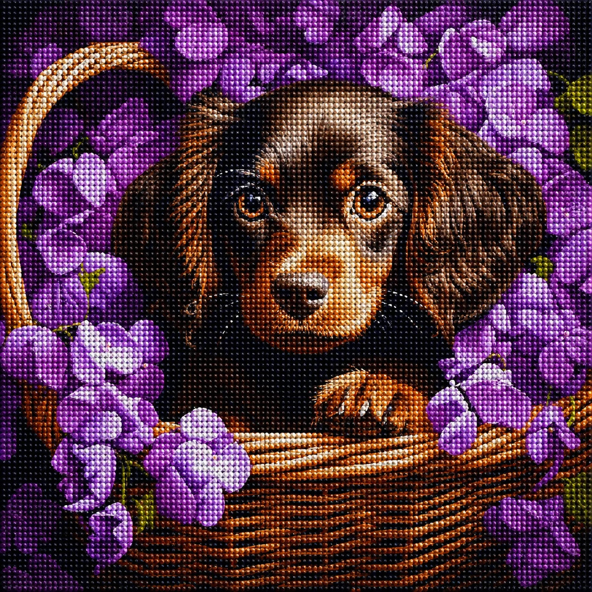 Brown Fur Puppy Flower Basket Diamond Art Kit