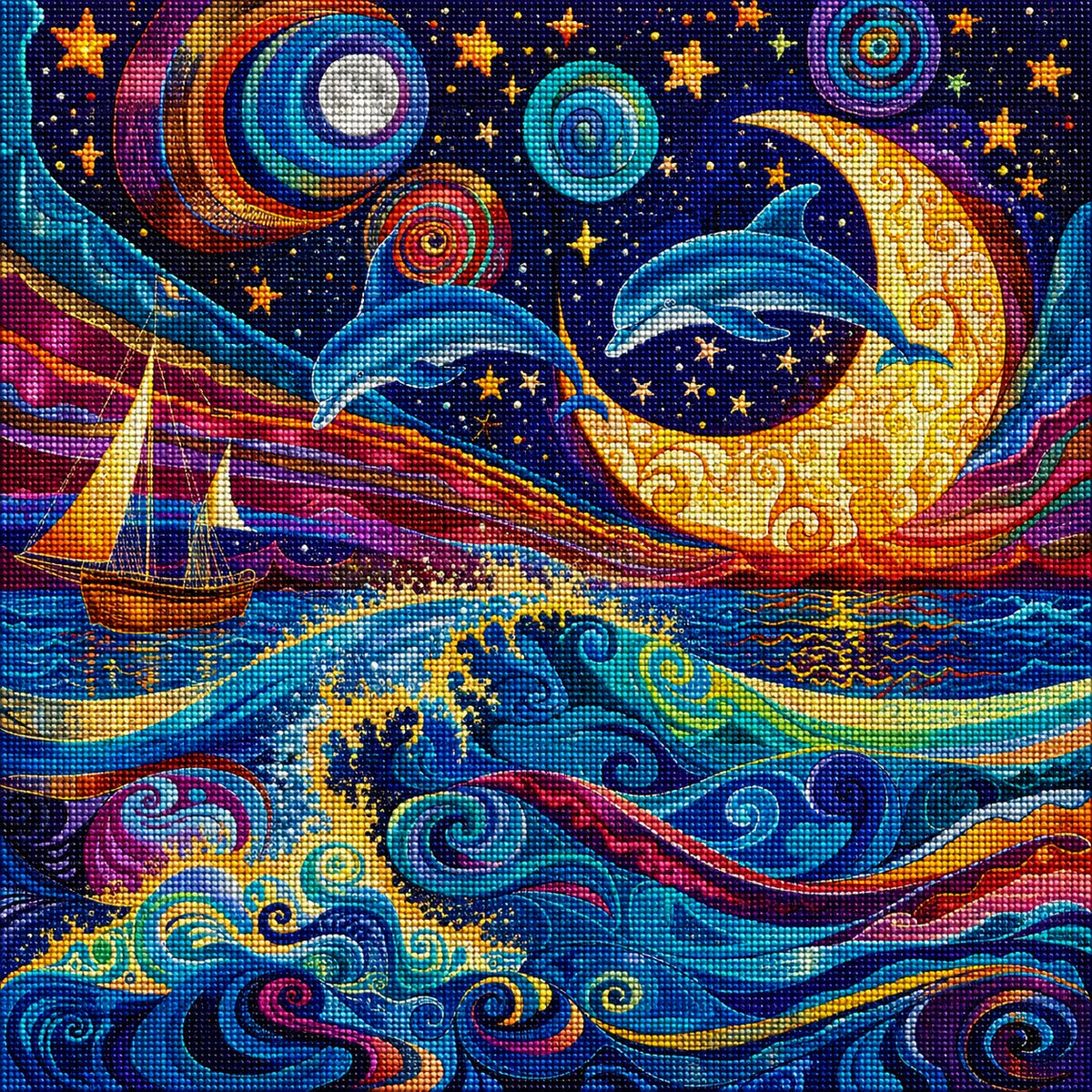 Abstract Moon And Waves Dolphins Diamond Art Kit