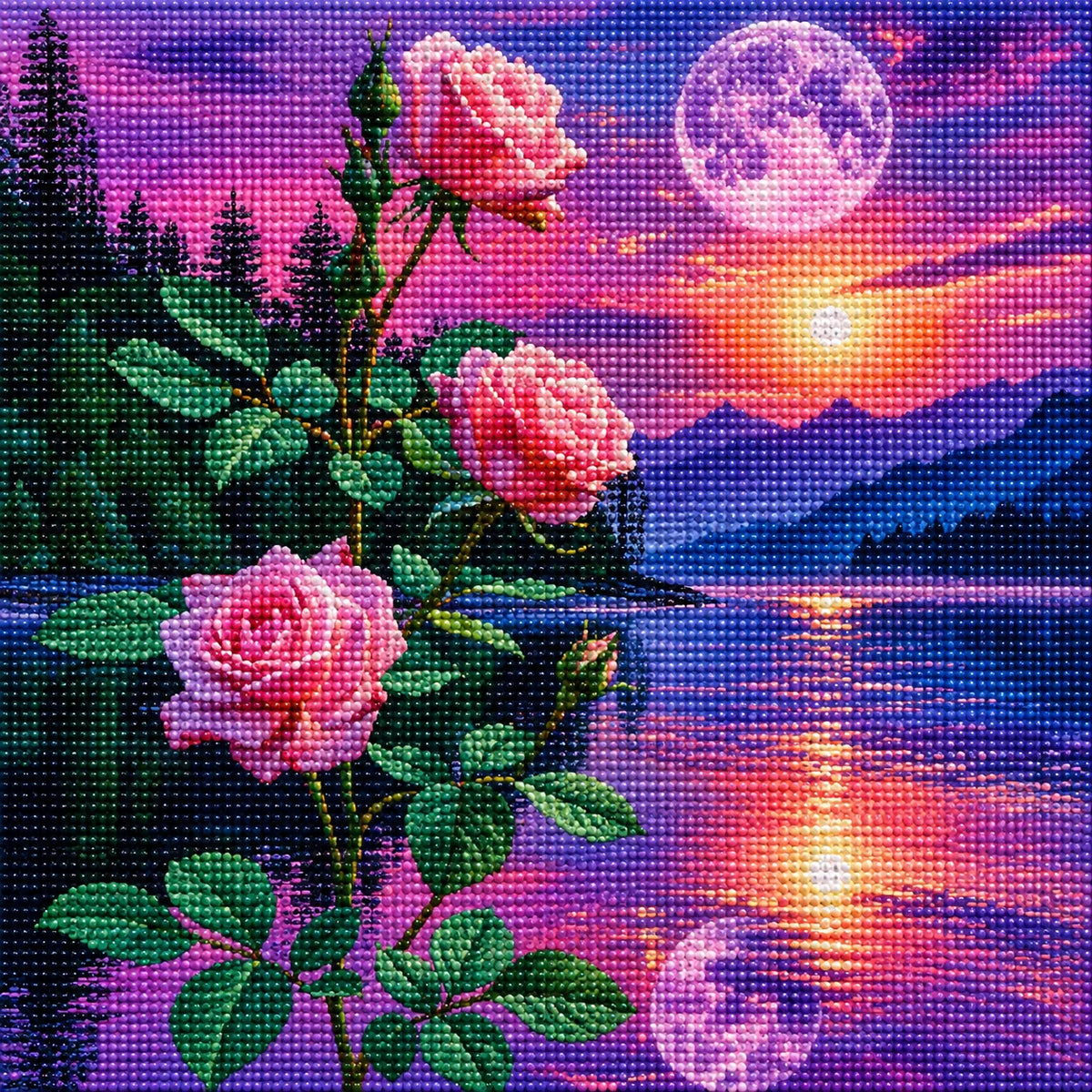 Moon Reflection Pink Roses Diamond Art Kit
