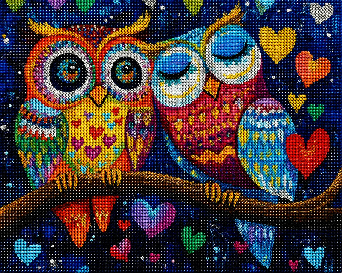 Two Abstract Owls And Hearts Diamond Art Kit