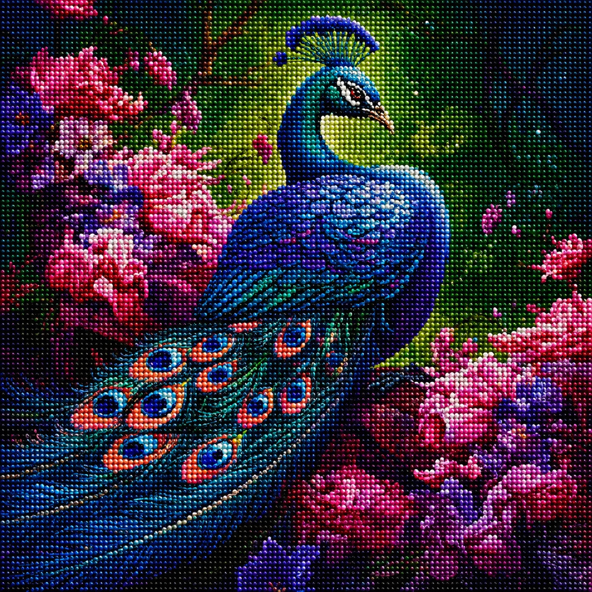 Blue Peacock In Pink Flowers Diamond Art Kit