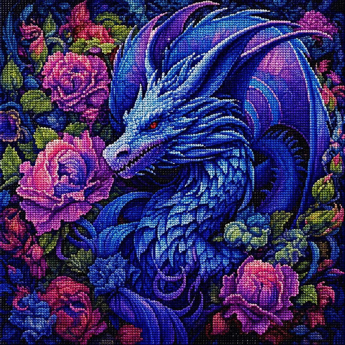 Blue Dragon In Flowers Diamond Art Kit