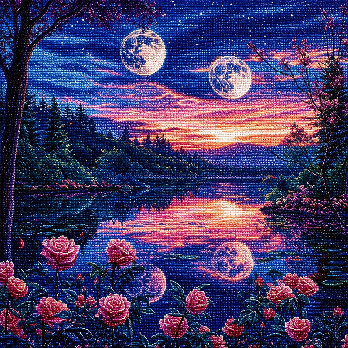 Double Moon Roses At Dusk Diamond Art Kit