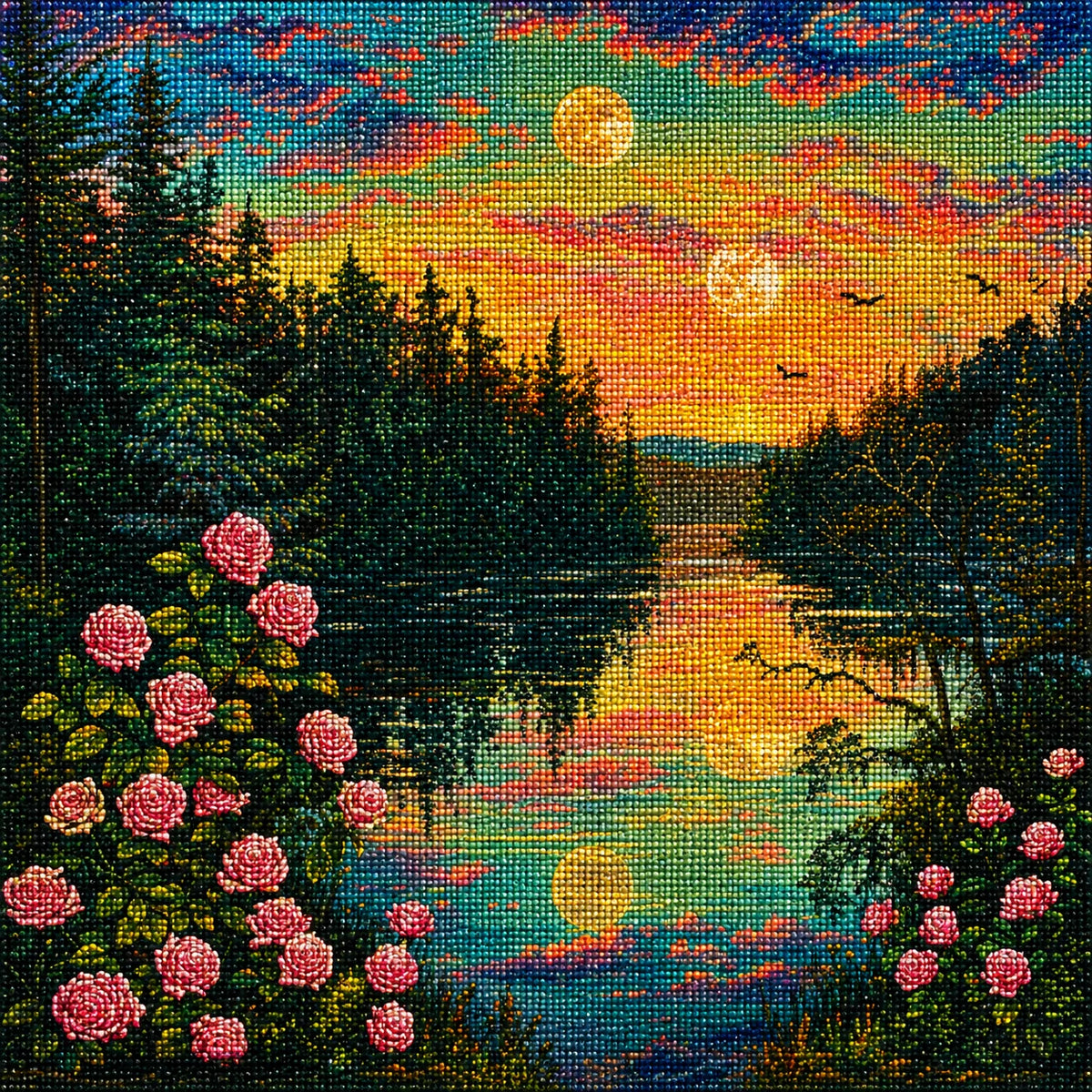 Pink Rosebush Double Moons Diamond Art Kit