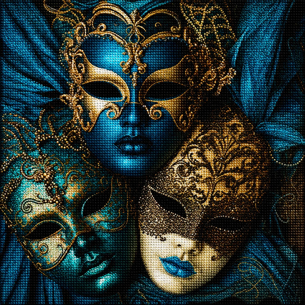 Three Teal And Gold Masks Diamond Art Kit