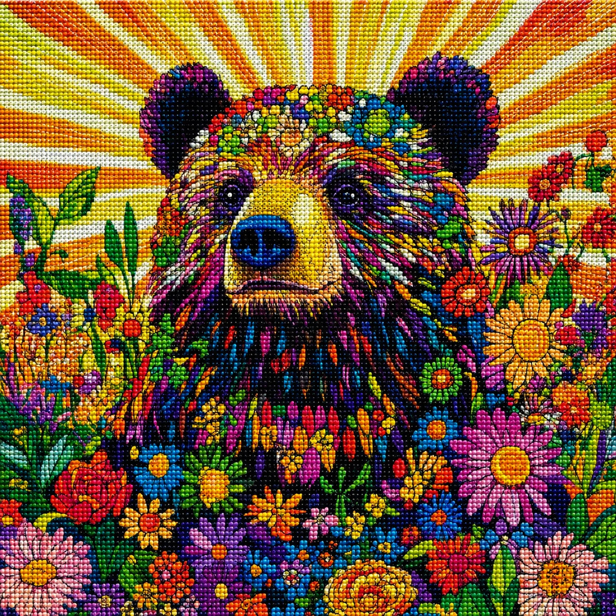 Colorful Fur Brown Bear Flowers Diamond Art Kit