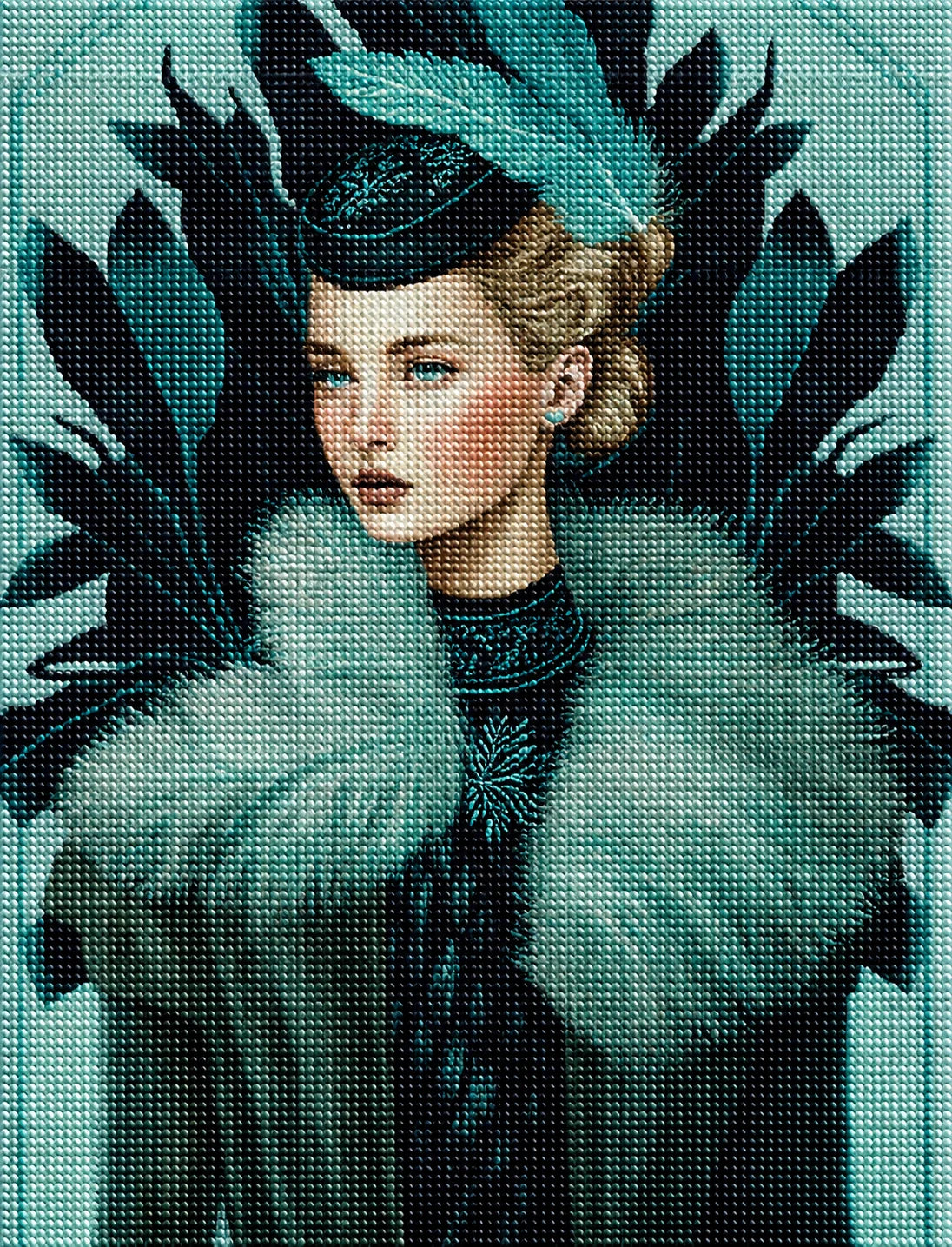 Green Feather Deco Woman Diamond Art Kit