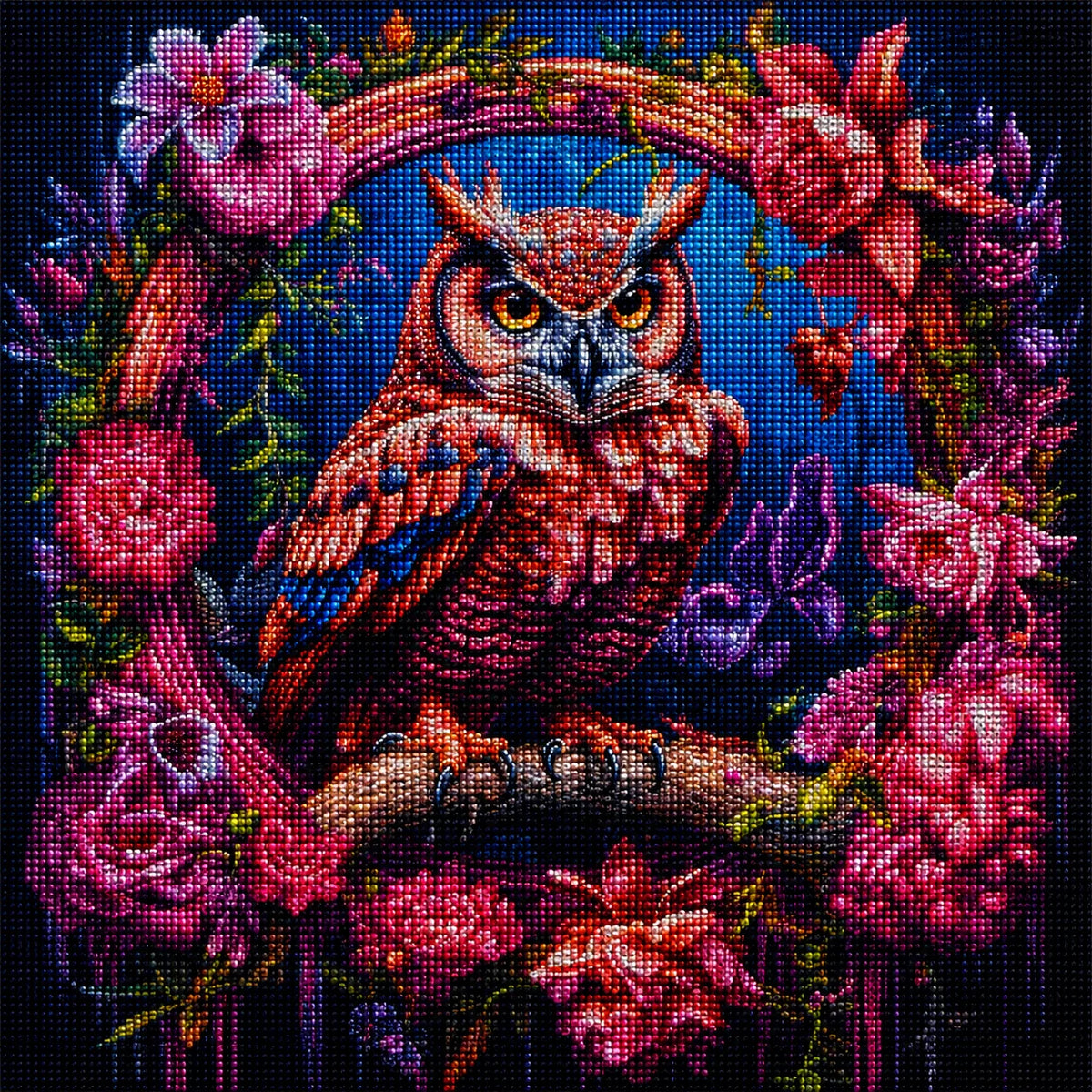 Owl In The Pink Flowers Diamond Art Kit