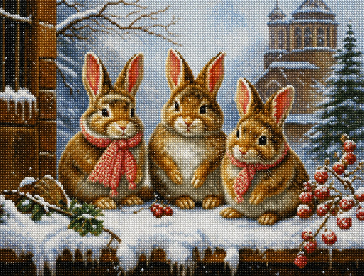 Rabbits In Winter Scarves Diamond Art Kit