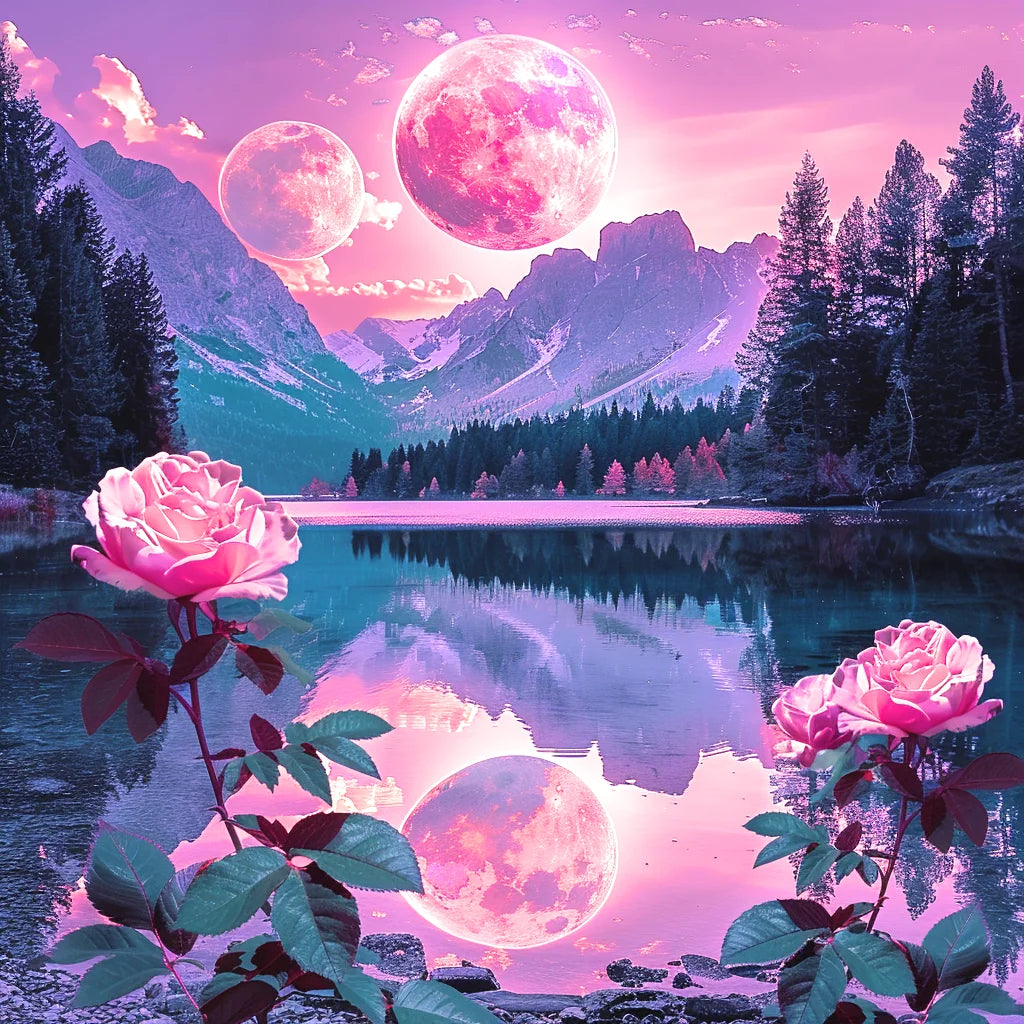 Pink Moons Reflections And Roses Diamond Art Kit