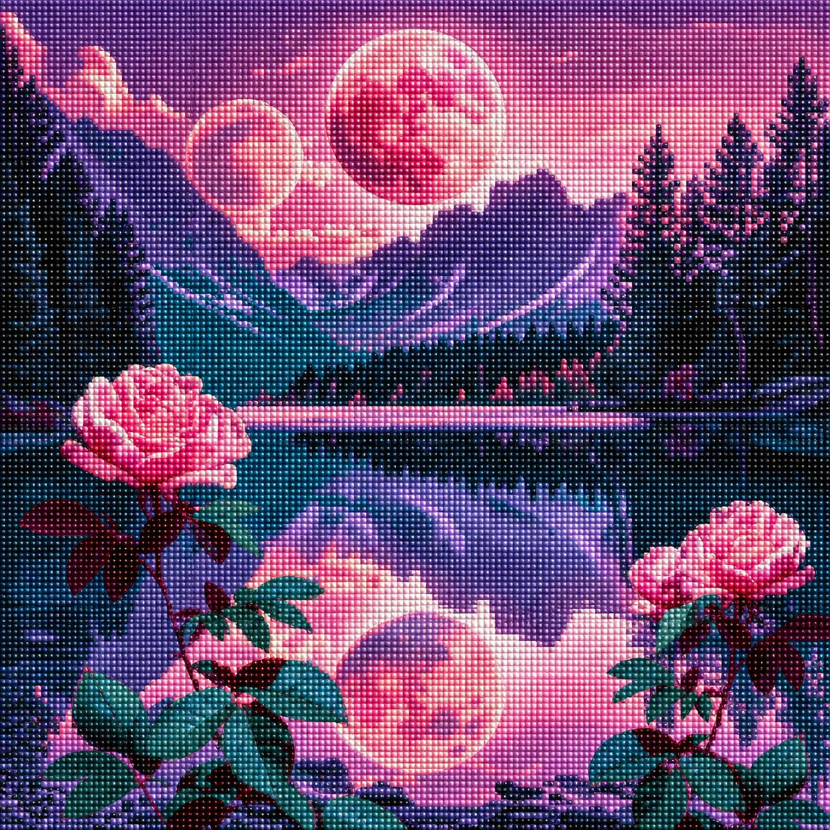 Pink Moons Reflections And Roses Diamond Art Kit