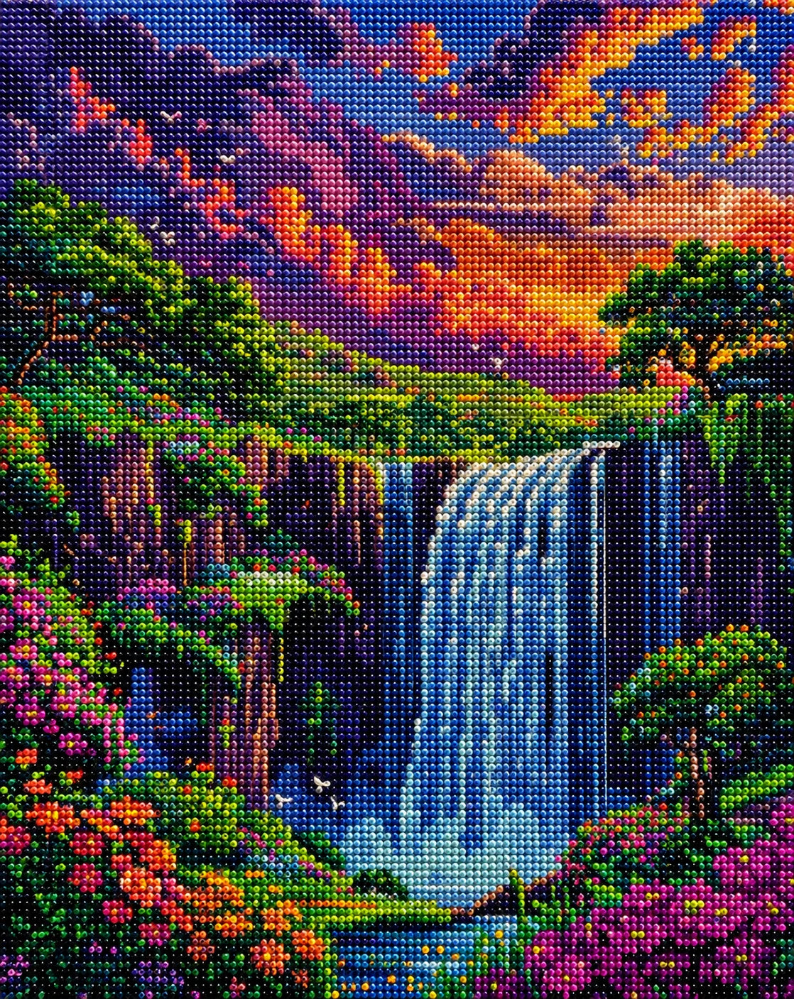 Sunset Waterfalls And Flowers Diamond Art Kit
