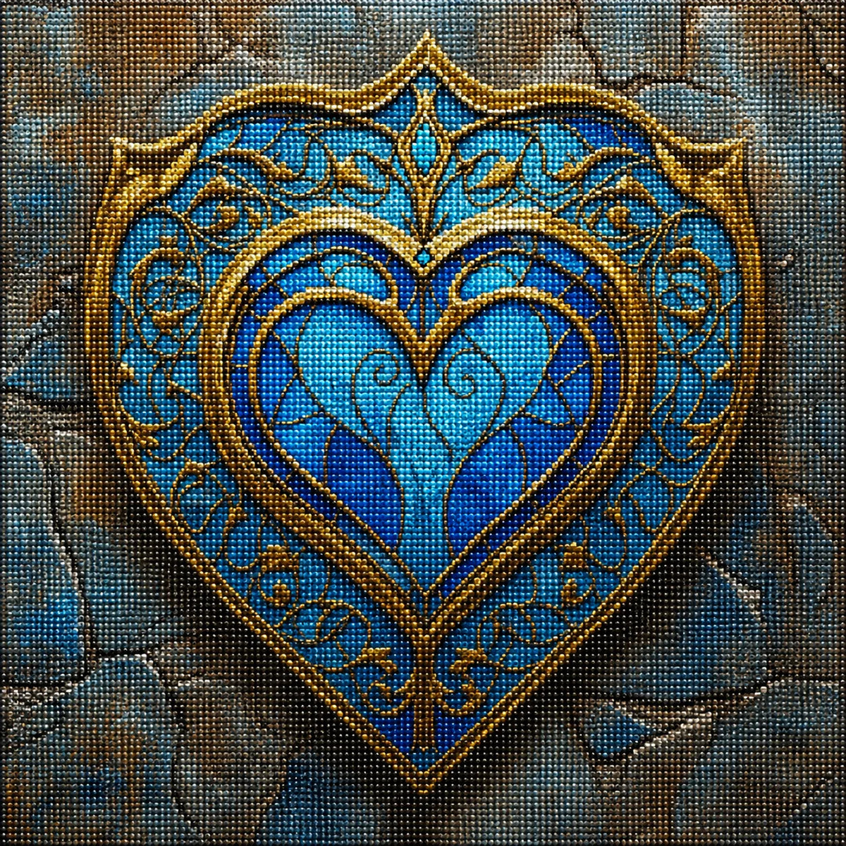 Blue And Gold Heart Diamond Art Kit