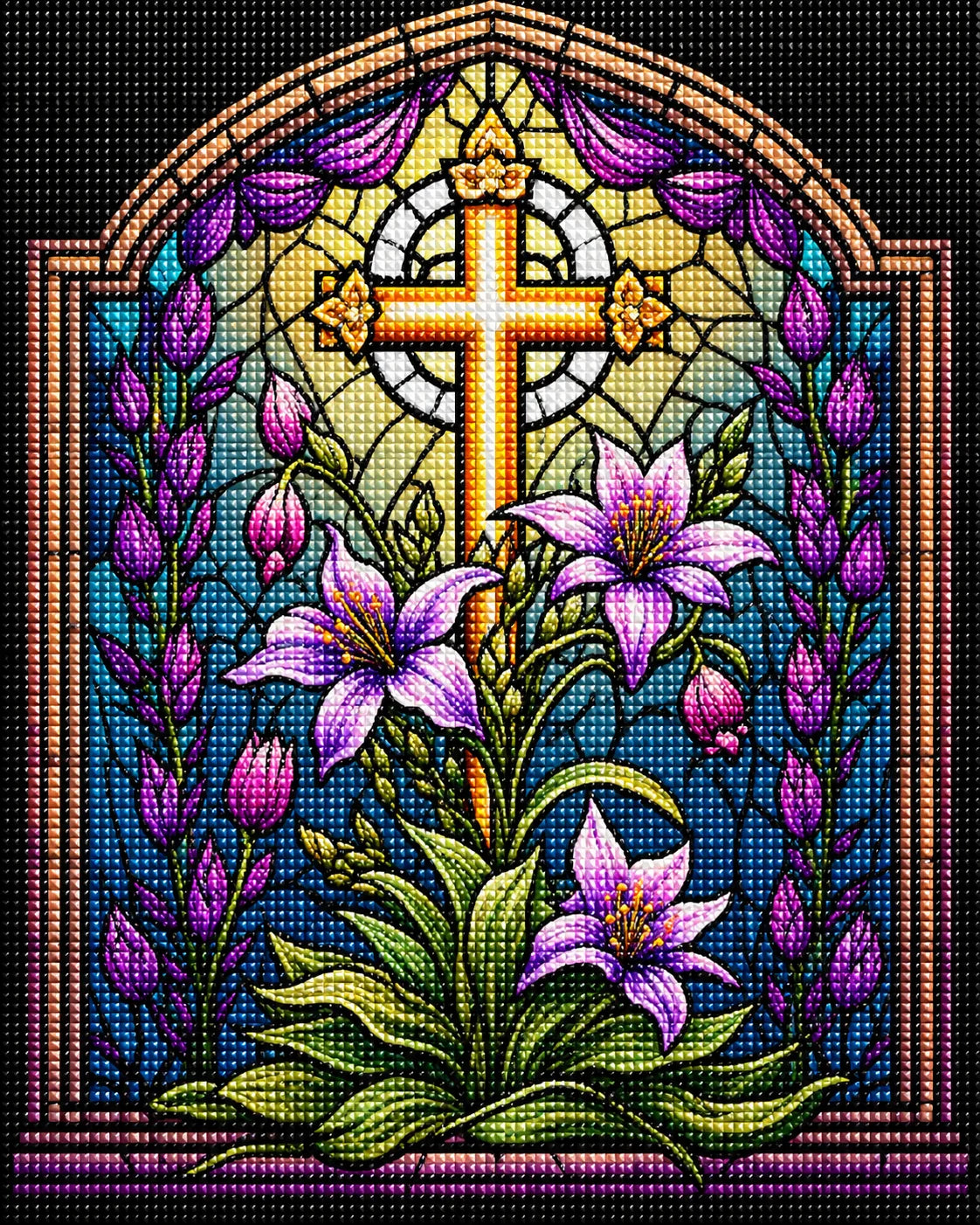 Cross And Purple Lilies Abstract Diamond Art Kit