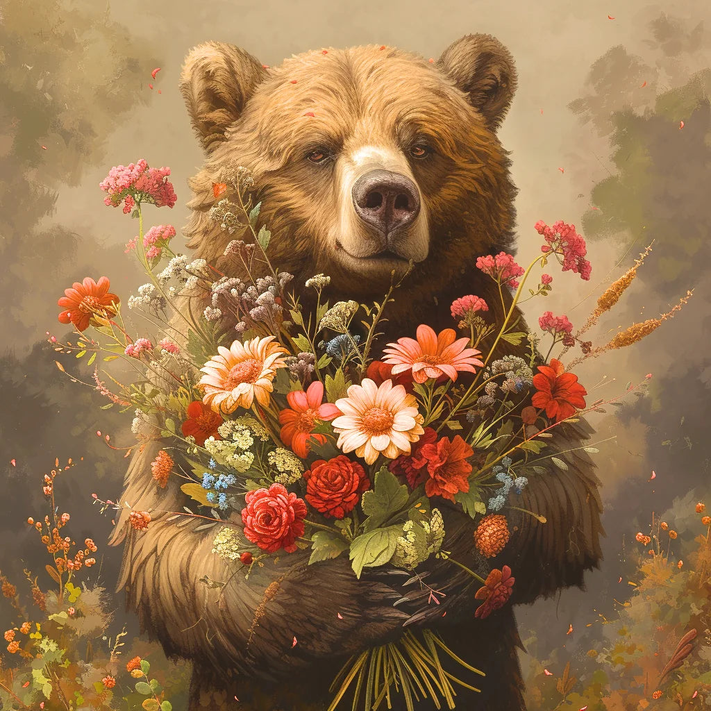 Flower Bouquet Brown Bear Diamond Art Kit
