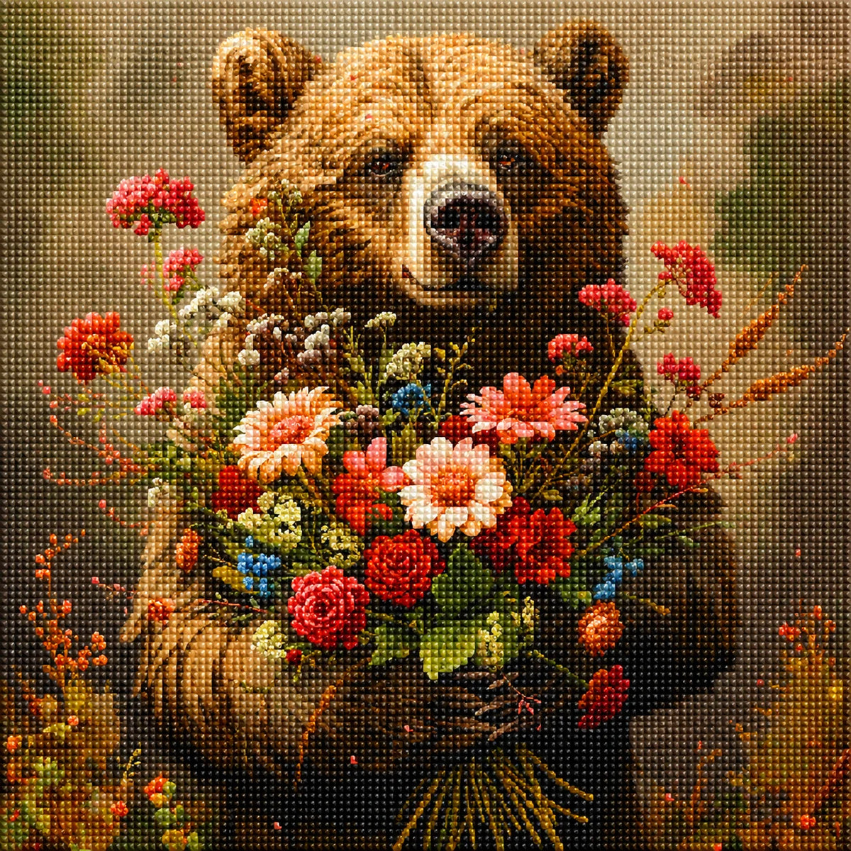 Flower Bouquet Brown Bear Diamond Art Kit