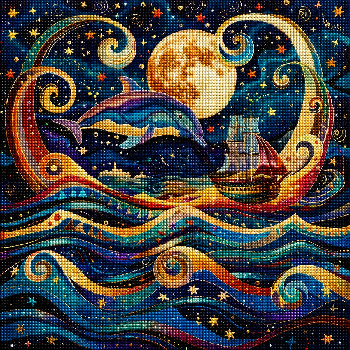 Abstract Waves And Dolphin Diamond Art Kit