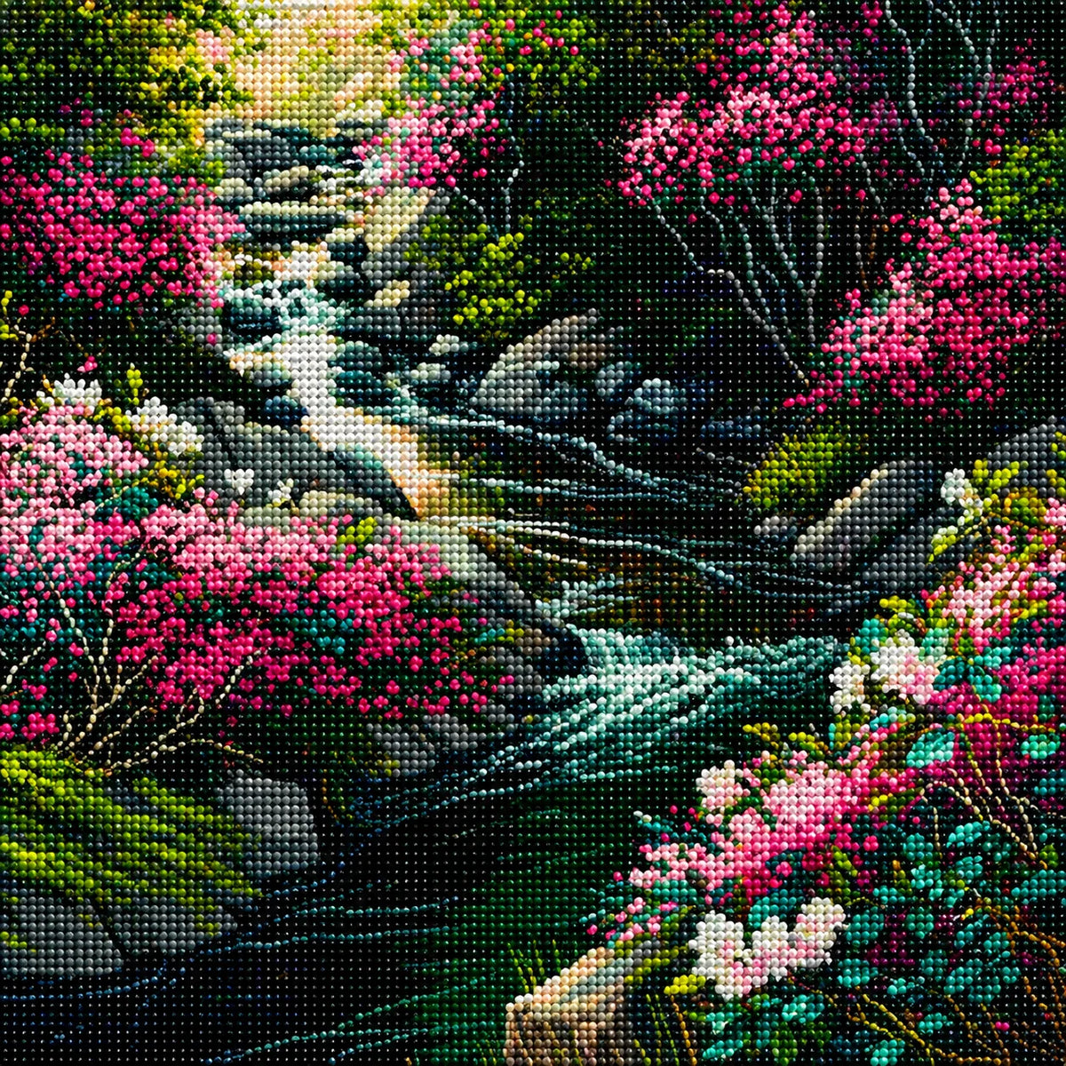 Pink Flower Mountain Stream Diamond Art Kit