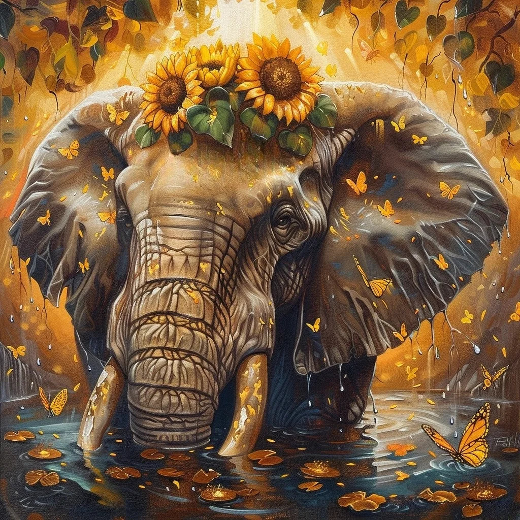 Water Submerged Elephant Flowers Diamond Art Kit