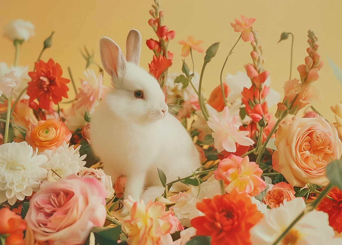 Yellow Background White Rabbit In Flowers Diamond Art Kit