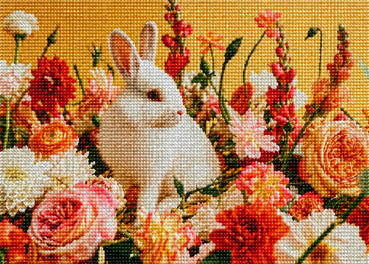 Yellow Background White Rabbit In Flowers Diamond Art Kit